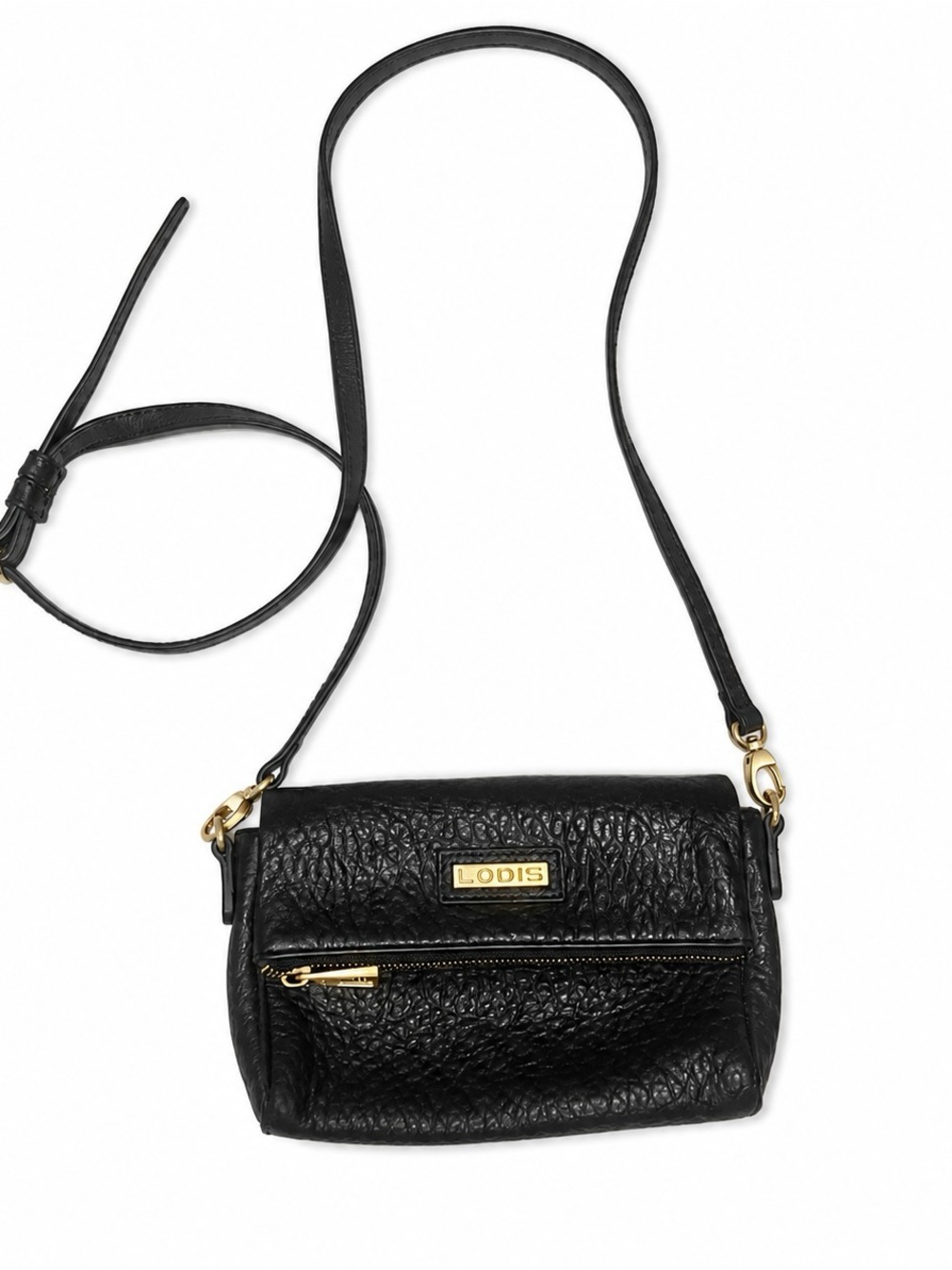 LODIS Black Pebbled Leather Crossbody Wallet with Gold Accents